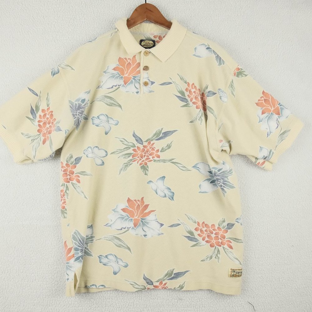 Tommy Bahama Polo Mens Lage Beige Floral Stretchy Hawaiian Aloha Camp Summer - Picture 1 of 7